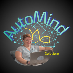 Image of AutoMind Logo with JoAnna sitting infront of it.